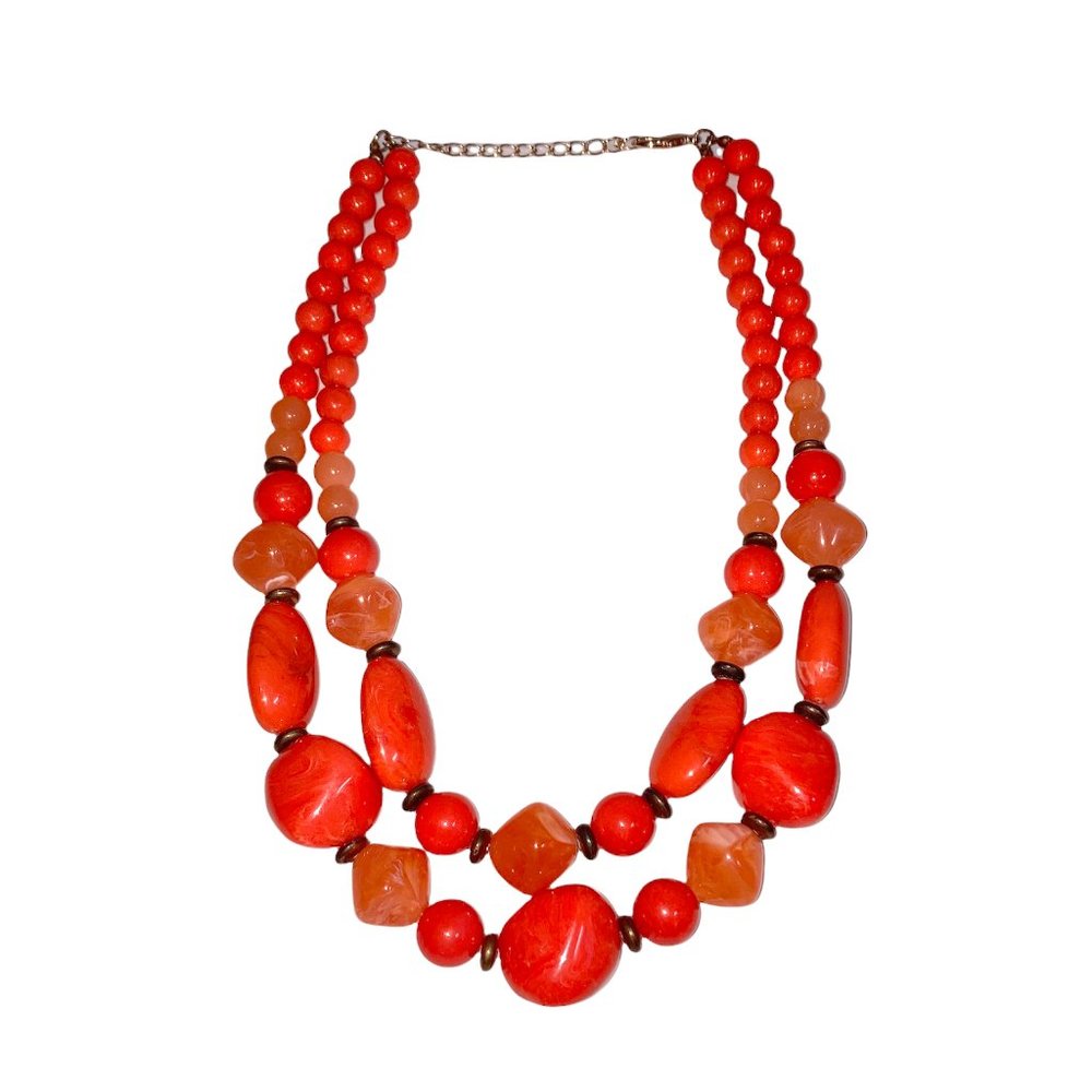Double Strand Orange Stone shaped Bead Necklace 9" drop